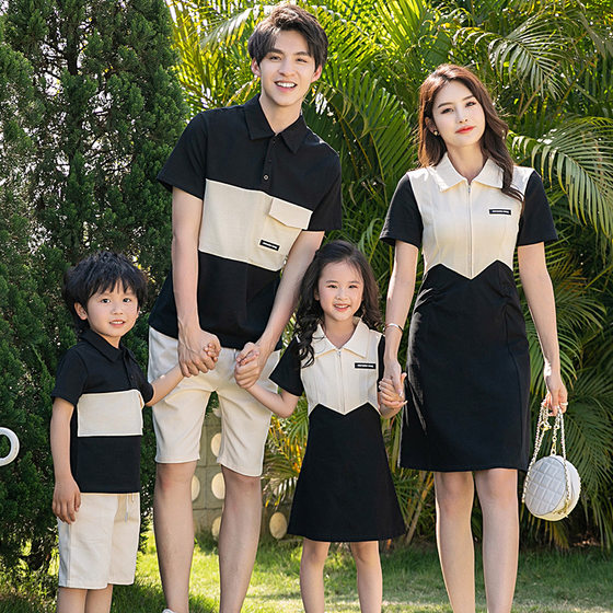 POLO shirt parent-child outfit new summer family of three and four western-style short sleeved casual mother's and women's patchwork dress POLO shirt parent-child outfit new summer family of three and four western-style short sleeved casual mother's and women's patchwork dress
