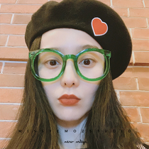 Fan Bingbing with green glasses frame retro green big frame rivets thick frame thin plain decoration small red book Myopia