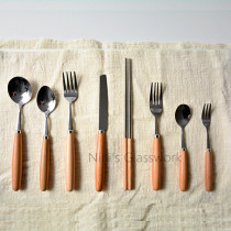 zakka Groceries Japanese wooden handle spoon fork knife Chopsticks Stainless steel Western utensils Creative restaurant