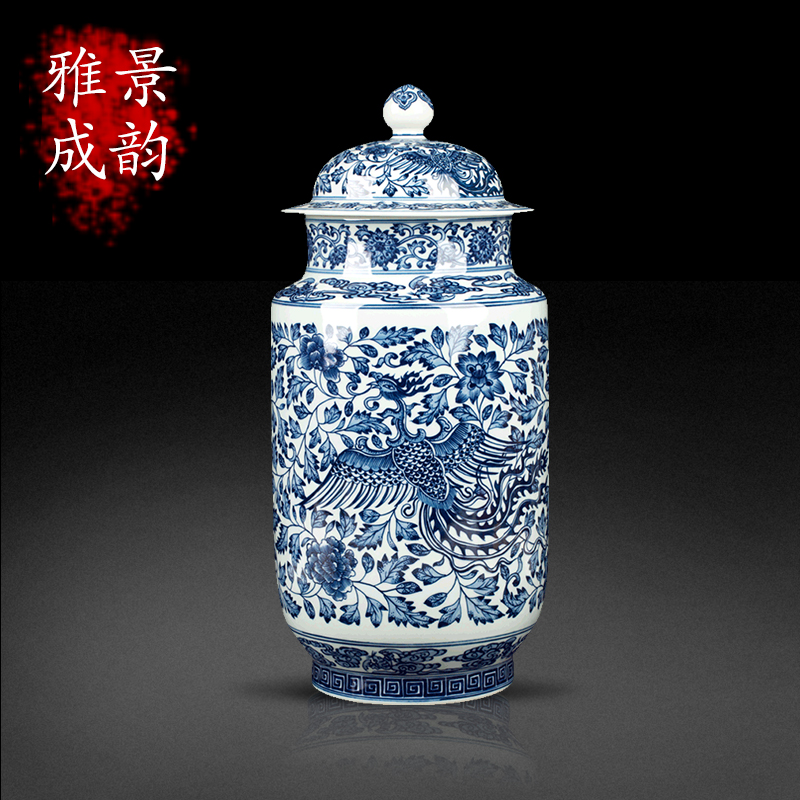 Blue and white porcelain of jingdezhen ceramics phoenix figure the general pot of home sitting room ground adornment porcelain crafts