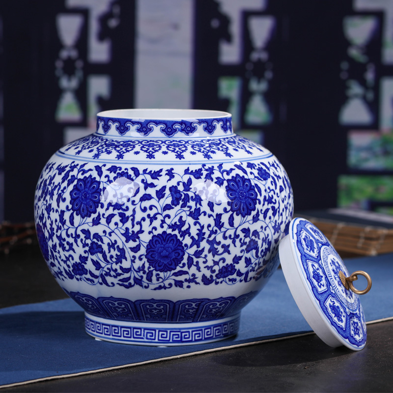 Jingdezhen ceramic large in blue and white porcelain tea pot of pu 'er tea packaging household ceramics storage tank