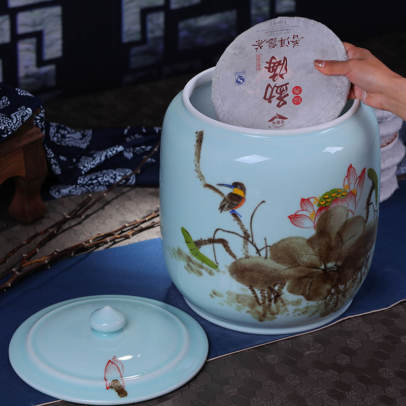 Jingdezhen ceramic hand - made tea cake jar airtight jar large puer tea with restoring ancient ways of household