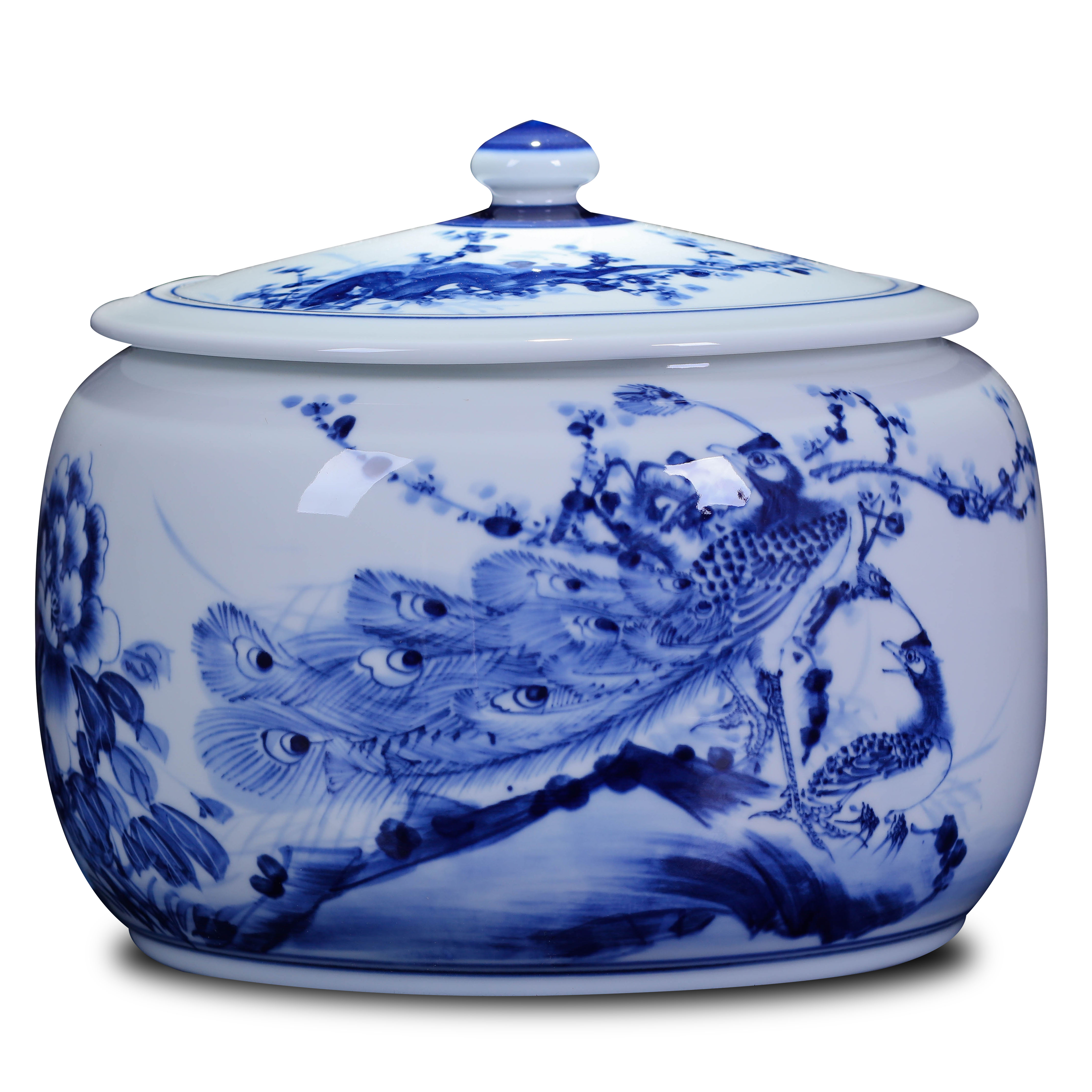 Jingdezhen blue and white porcelain ceramic tea pot storage tank receives puer tea cake box of tea urn jar