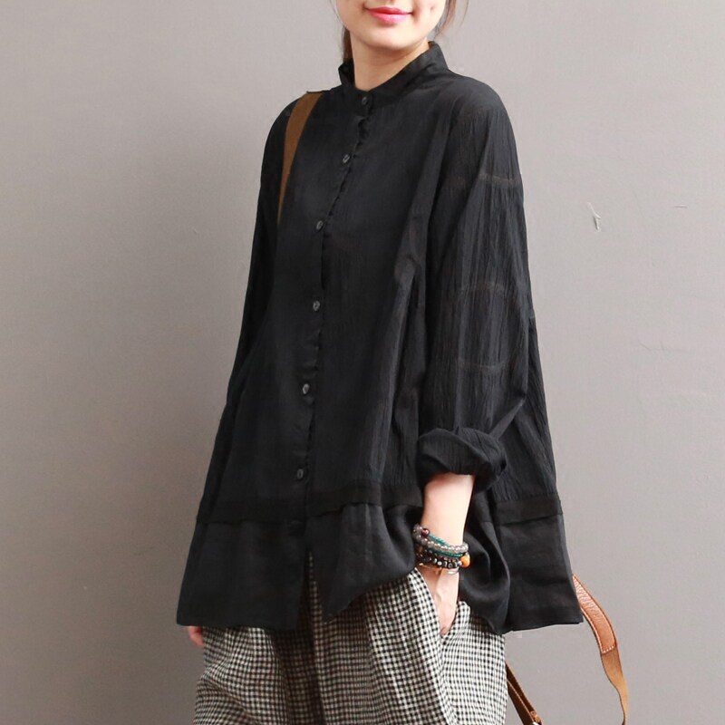 素品 文艺棉麻衬衣纯色褶皱立领女装秋季上衣百搭宽松长袖麻衬衫_9折