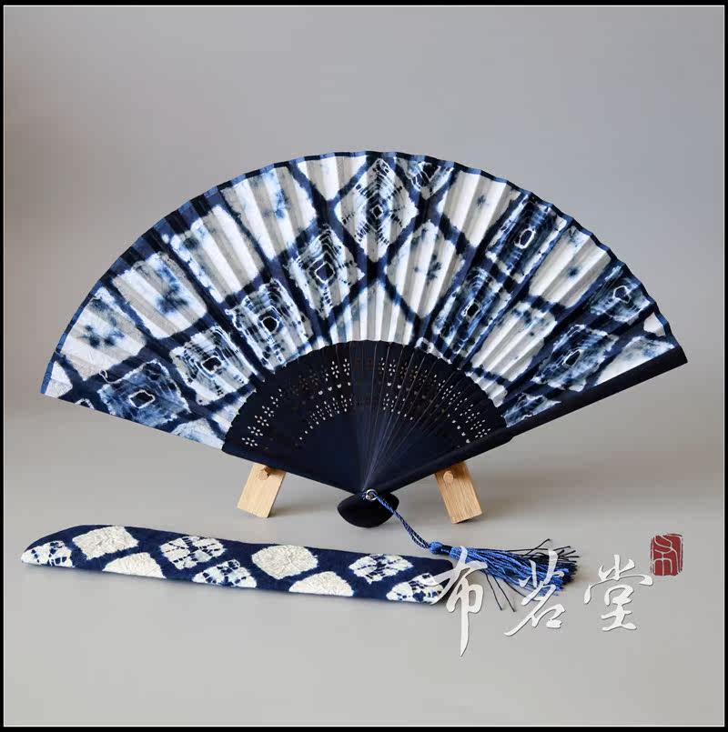 布茗堂 手工扎染布艺折扇 植物蓝染合辑棉布折扇和风日式工艺折扇