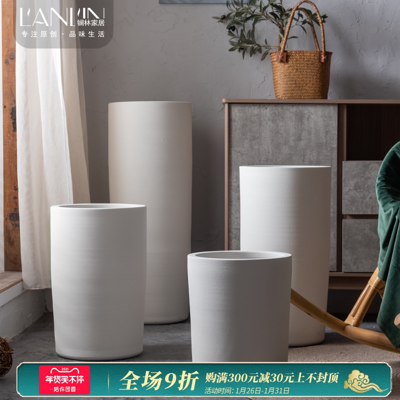 Jingdezhen ceramic flower pot Nordic contracted white green plant cylinder indoor decorative furnishing articles large landing clearance vase