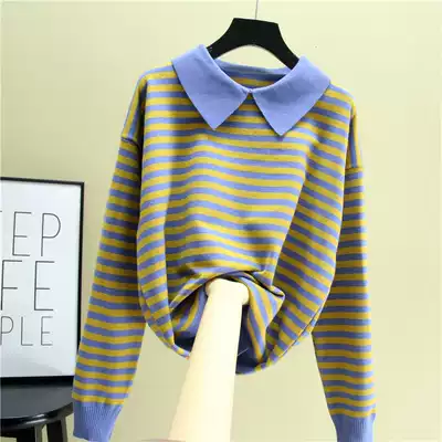 College style striped knitwear women 2021 spring new Korean version of long sleeve loose student Polo collar knitted top