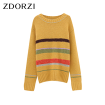 Zhuo colorful rainbow sweater women Spring Wear 2021 New Korean version of loose round neck striped wool sweater tide