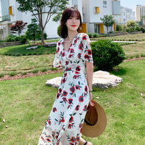 2021 summer dress New V collar flying sleeve fairy air beach skirt French Platycodon grandiflorum skinny print chiffon dress women