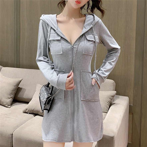 Slim waist with zipper drawstring pocket sexy hip wrap Hooded Dress