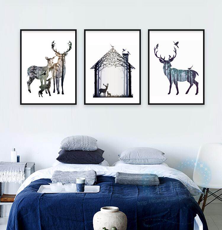 麋鹿一家北欧客厅装饰画现代简约餐厅挂画玄关壁画卧室墙画画芯布_7折