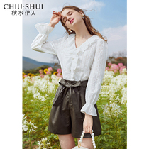 Autumn water E-people bow leather pants autumn 2021 new womens high waist casual shorts wild wear shorts