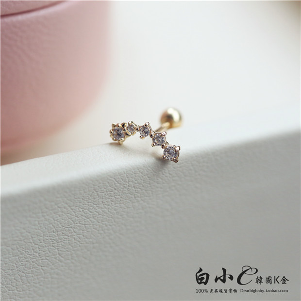 south korea imported gold pure 14k gold earrings, curved bright five diamond earrings, screw earrings