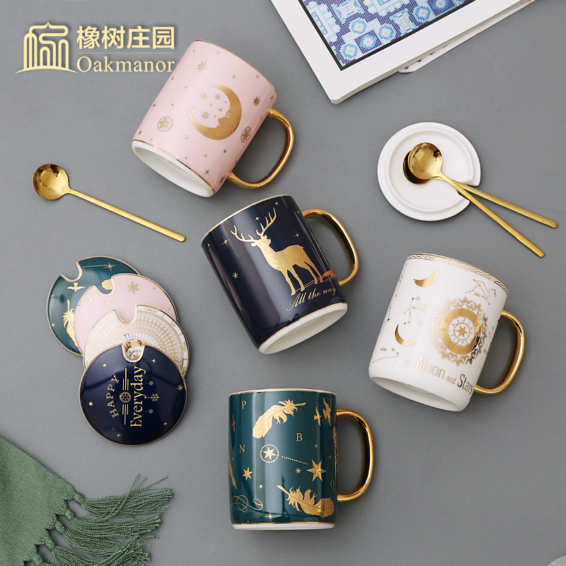 Nordic contracted literary elk mark cup with cover teaspoons of coloured drawing or pattern household glass ceramic cup constellation lovers coffee cup