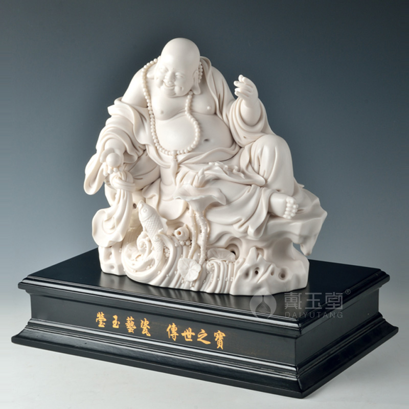 Yutang dai dehua porcelain its master Su Youde works show fish maitreya furnishing articles/9 inches by rock D29-26