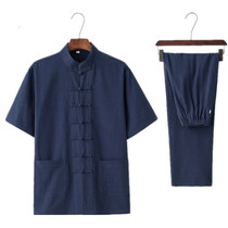 Summer Chinese wind cotton and tatton young middle-aged Tang dress short sleeve suit pure colored and green Chinese Lifting Meditation