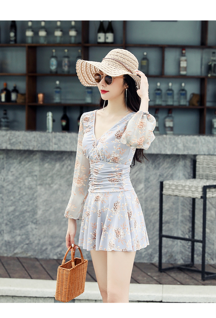 韩国ins长裙遮腿仙女范保守连衣裙泳衣女2020新款连体性感游泳衣