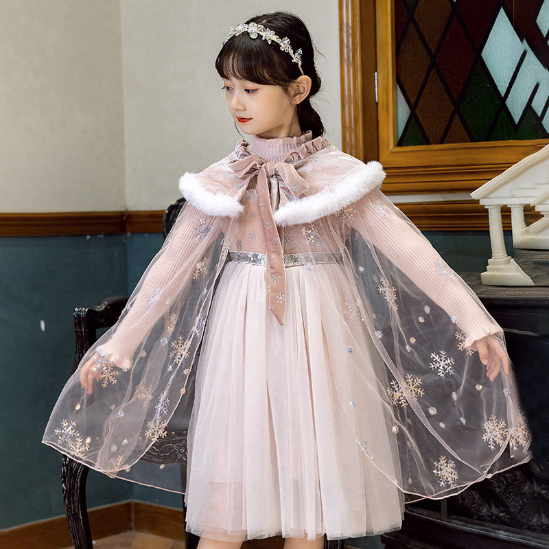 Girls Elsa Princess Dress New Children's Fall/Winter Dress Plus Fleece Frozen Cape Elsa Princess Dress