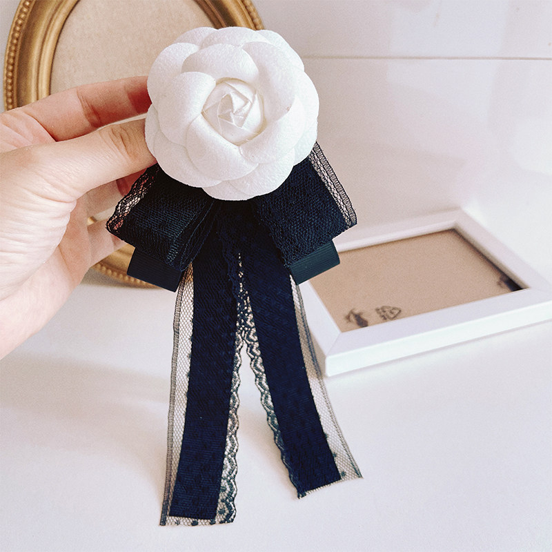 山茶花领结蕾丝长飘带简约职业领花复古领口装饰蝴蝶结别针配饰