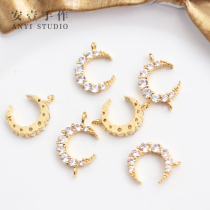 Zircon moon pendant single hanging double hanging diy jewelry accessories copper plated real gold 14K gold necklace earrings