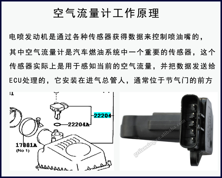 适用丰田皇冠凯美瑞花冠威驰空气流量计传感器 22204
