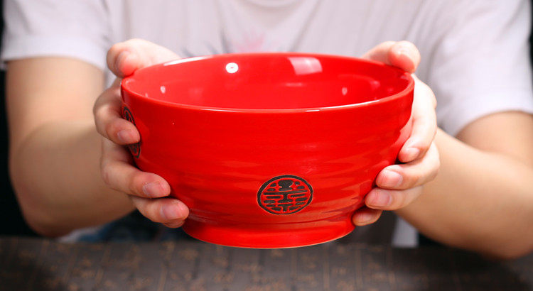 日式陶瓷红色面碗大汤碗红碗结婚碗筷套装情侣对碗喜庆礼品碗筷勺