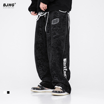 Autumn Guochao Street Japanese straight casual pants mens dark print full print side zipper letter printing loose trousers