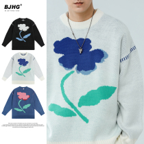 Spring 21AW retro Hong Kong style Harajuku literature small Flower jacquard soft waxy sweater men and women tide loose thin sweater