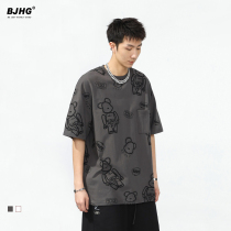 Summer crew neck full print cartoon bear print short-sleeved T-shirt mens fashion brand retro American loose five-and-a-half sleeve TEE
