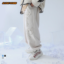 BJHG homemade reckless winter plus velvet padded casual pants mens letter offset Tide brand loose toe pants