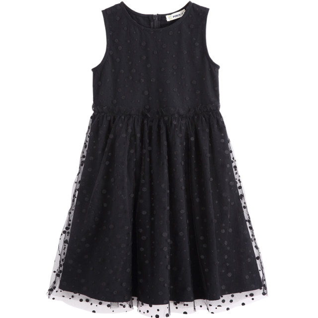 POKA Girls' Wear 2024 Summer Dress ສີດໍາ Gauze Polka Dot Vest Skirt Western Style Dress Mesh Princess Skirt