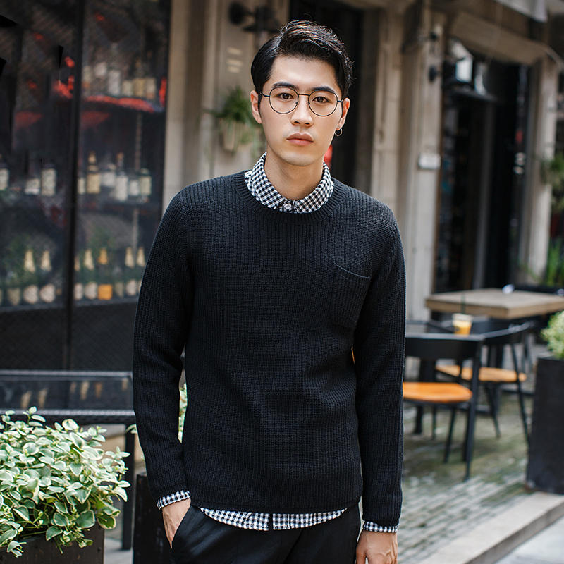 布衣传说2016秋季新款男士提花圆领简约口袋长袖毛衣针织衫男