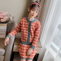 Port Wind Girl Net Red Autumn Clothing Tide Cards CUHK Children Foreign Air Knit Sweater Suit Skirt Children Han Edition Two Sets