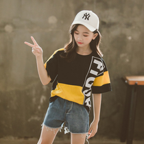 Korean version of the double color letter short-sleeved fashion girl pure cotton top in the Hong Kong tide girl T-shirt