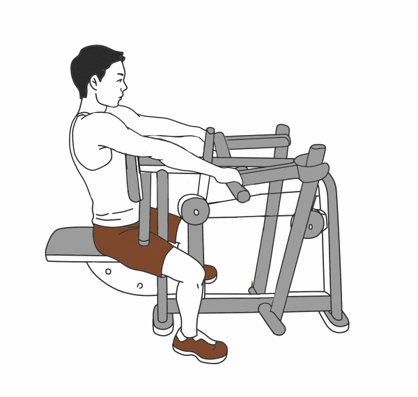 面向训练机坐下,双脚抵于挡板,身体向滑轮前倾,用力拉手柄至胸廓下部