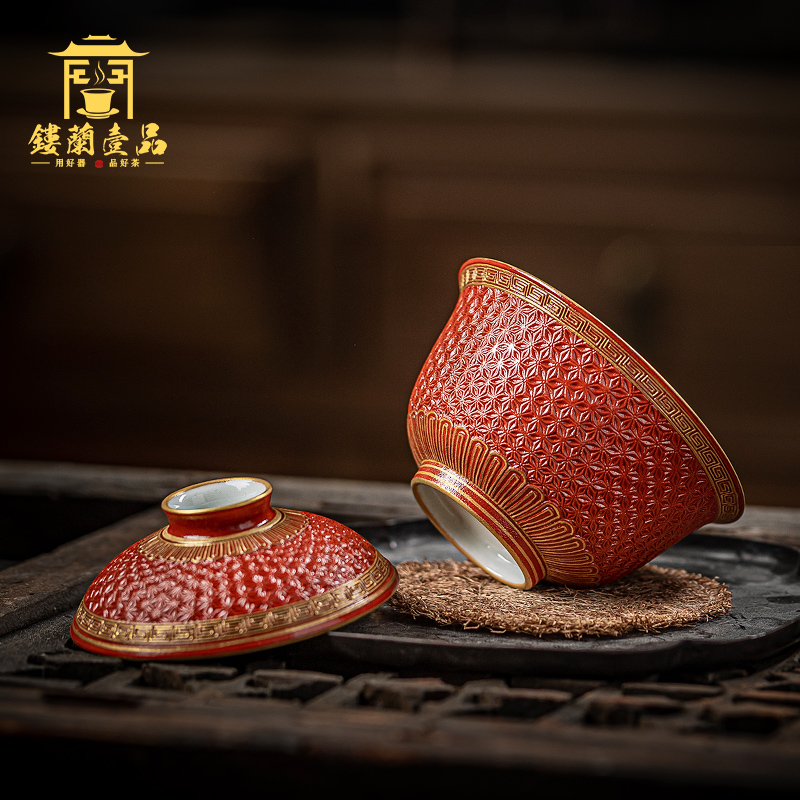 Jingdezhen ceramic old red glaze see hand - cut manual three bowl tea tureen single CPU kung fu suit