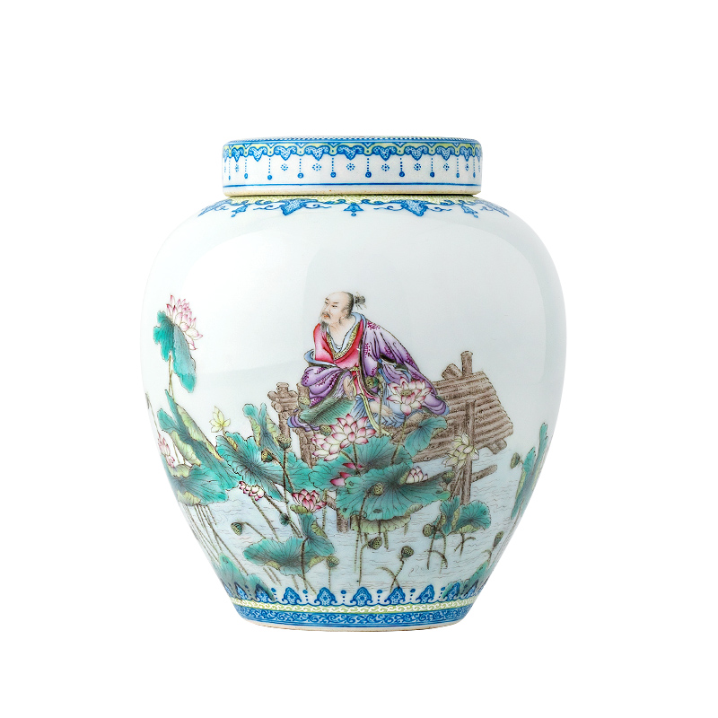 Jingdezhen ceramic all hand - made pastel oi - Lin pu 'er tea pot lid can receive storage of poetry collection of tea