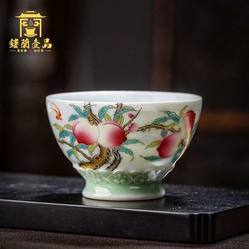 Jingdezhen ceramic all hand pastel peach branches about nine live carving master cup kung fu tea tea cup