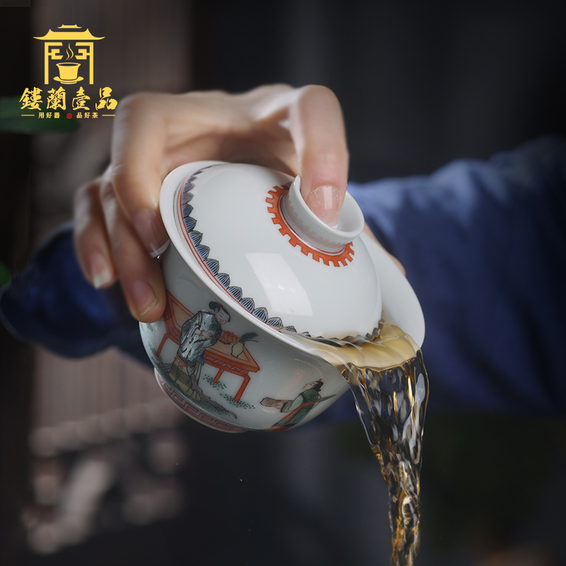 Jingdezhen hand - made colors all three niang godson two to three to make tea tureen large bowl with cover a single tea