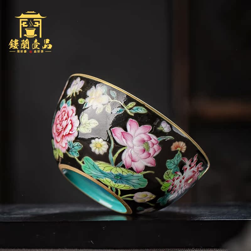 Jingdezhen ceramic all hand black enamel flowers masters cup large kung fu tea tea bowl single cups of tea cups