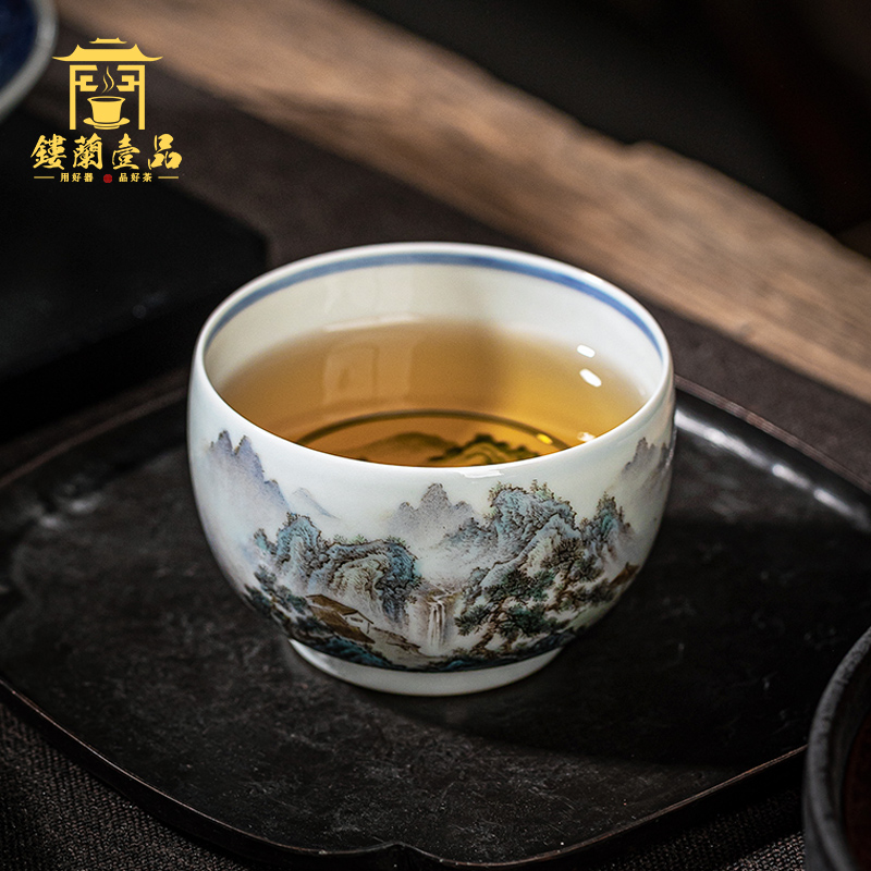 Jingdezhen ceramic checking in pastel blue and white landscape master cup hand - made kung fu tea set single cup tea cups