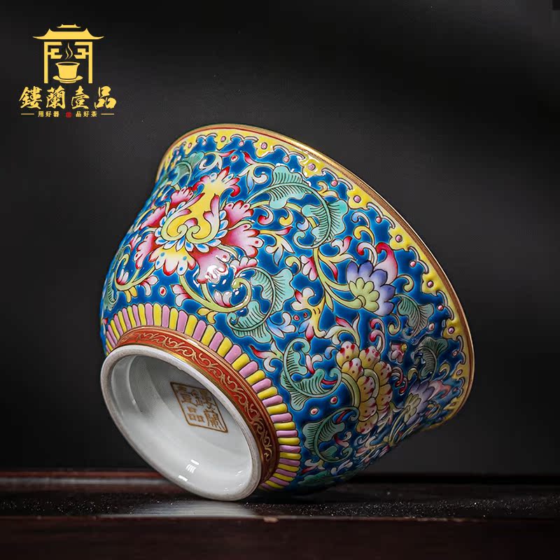 Jingdezhen ceramic powder enamel manually bound within the lotus flower blue pressure hand a cup of tea cup kung fu tea master single CPU