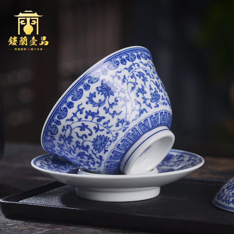 Arborist benevolence blue tie up lotus flower only three tureen jingdezhen ceramics all hand - made kung fu tea bowl with cover a single