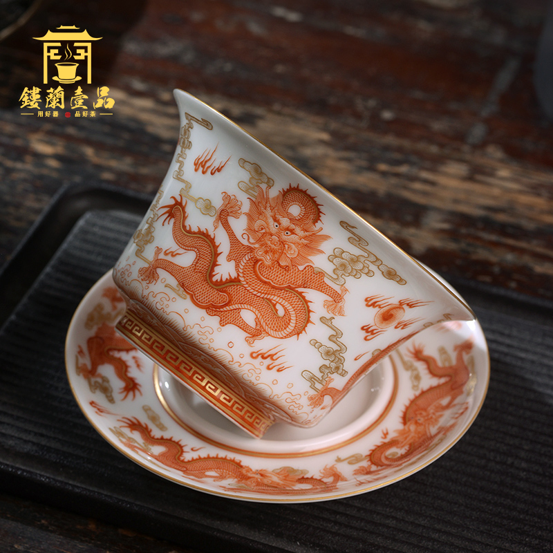 Hand - made alum red paint play bead, Kowloon all three to make tea tureen jingdezhen ceramic kung fu tea set large bowl