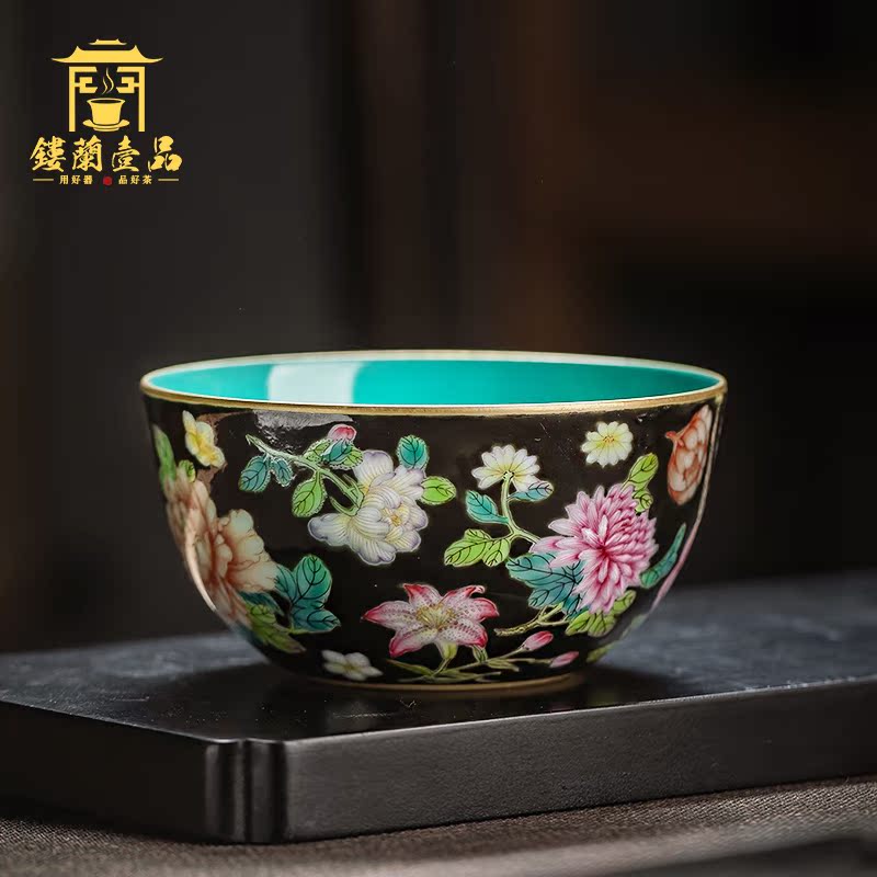 Jingdezhen ceramic all hand black enamel flowers masters cup large kung fu tea tea bowl single cups of tea cups