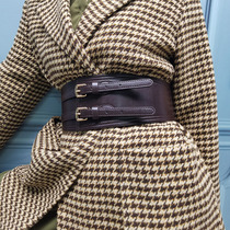 Retro Tide Double Platoon Pin Button PU Leather Waist Seal Woman Trim Shirt Dress 100 Lap Dresses 100 Hitch Elastic Tightness Wide Belt