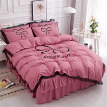 Korean version of black lace quilt cover bed skirt four-piece cotton cotton bedspread bed cover simple princess wind belt quilt cover