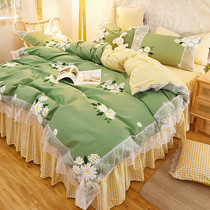 Homestay pastoral cotton bed skirt four-piece cotton belt lace lace bed cover 1 5 1 8 2 0m bed