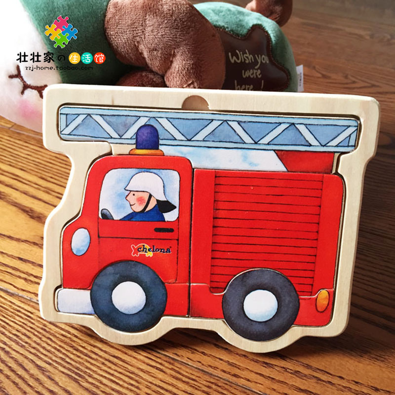 儿童木制益智早教拼图玩具迷你消防车3d造型探索发现简易小拼板