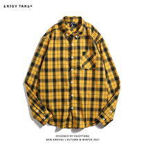 Hong Kong style retro hipster street Plaid long sleeve shirt men and women jacket BF wind yellow check base shirt shirt